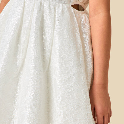 Juniors Round Neck Short Sleeves A-line Dress with Sequin Embellishments