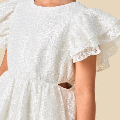 Juniors Round Neck Short Sleeves A-line Dress with Sequin Embellishments