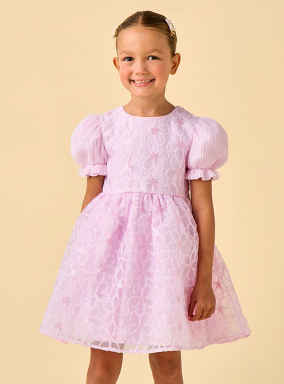 Juniors Round Neck Puff Sleeves Knee Length A-line Prom Dress with Floral Embroidery-girls-clothing-dressesandjumpsuits-image-2