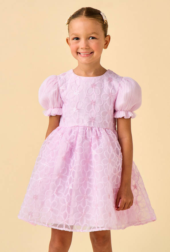 Juniors Round Neck Puff Sleeves Knee Length A-line Prom Dress with Floral Embroidery