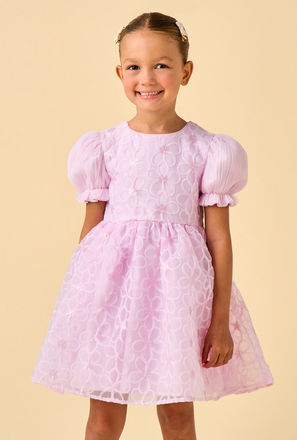 Juniors Round Neck Puff Sleeves Knee Length A-line Prom Dress with Floral Embroidery
