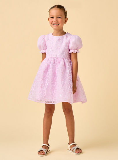 Juniors Round Neck Puff Sleeves Knee Length A-line Prom Dress with Floral Embroidery-girls-clothing-dressesandjumpsuits-image-3
