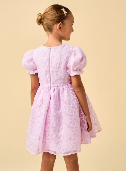 Juniors Round Neck Puff Sleeves Knee Length A-line Prom Dress with Floral Embroidery-girls-clothing-dressesandjumpsuits-image-4