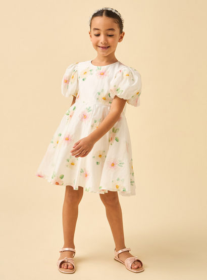 Juniors Round Neck Short Sleeves Knee Length A-line Dress with Floral Embroidery-girls-clothing-dressesandjumpsuits-image-3