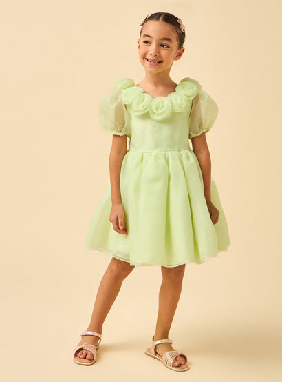 Juniors Round Neck Short Sleeves Dress with Floral Applique-girls-clothing-dressesandjumpsuits-image-3