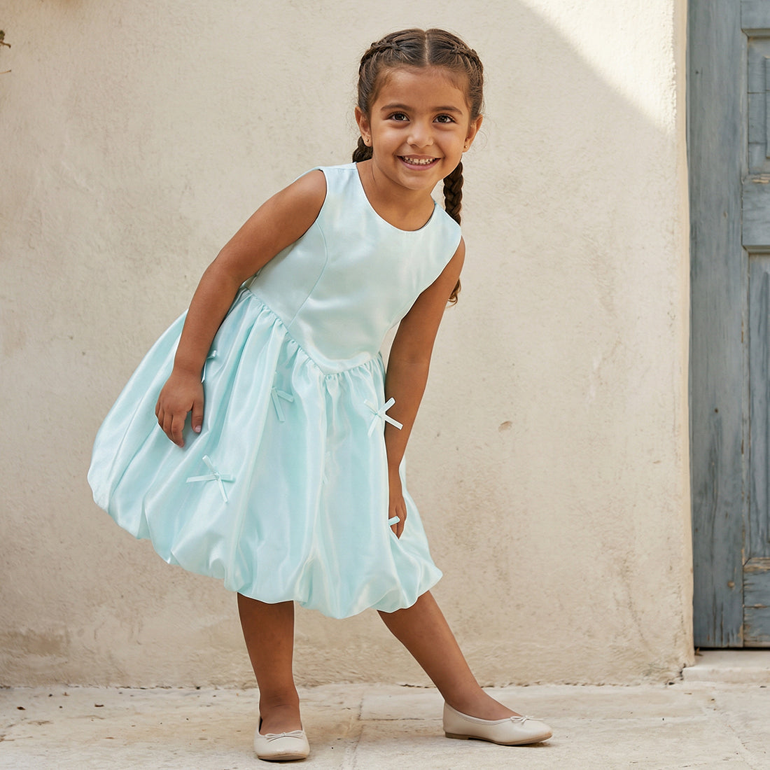 Juniors Round Neck Sleeveless Knee Length A-line Dress with Bow Accent - Blue / 6-7 yrs