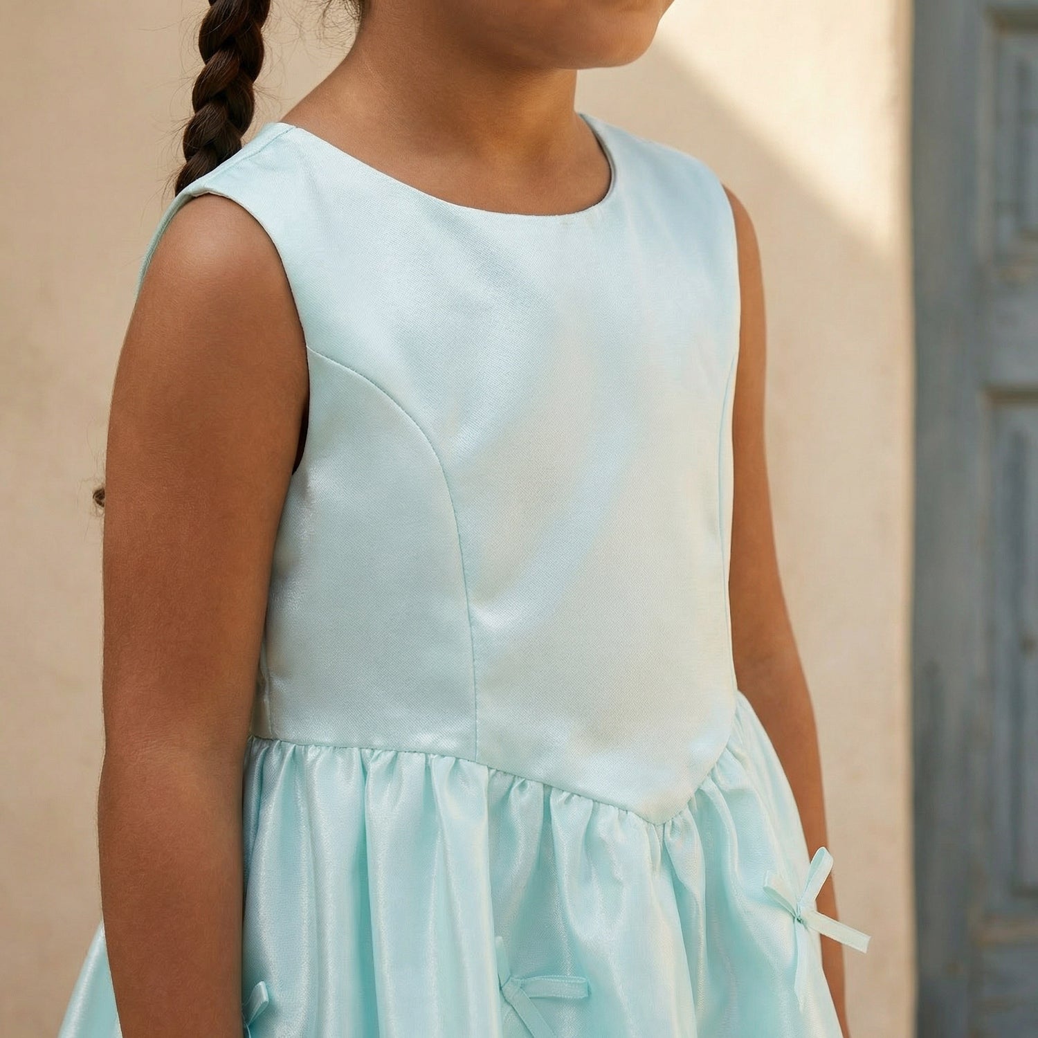 Juniors Round Neck Sleeveless Knee Length A-line Dress with Bow Accent