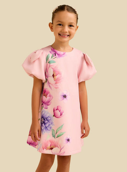 Juniors Round Neck Short Sleeve Dress with Floral Print-girls-clothing-dressesandjumpsuits-image-2