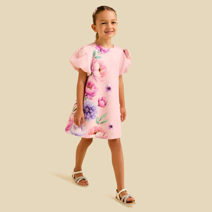 Juniors Round Neck Short Sleeve Dress with Floral Print