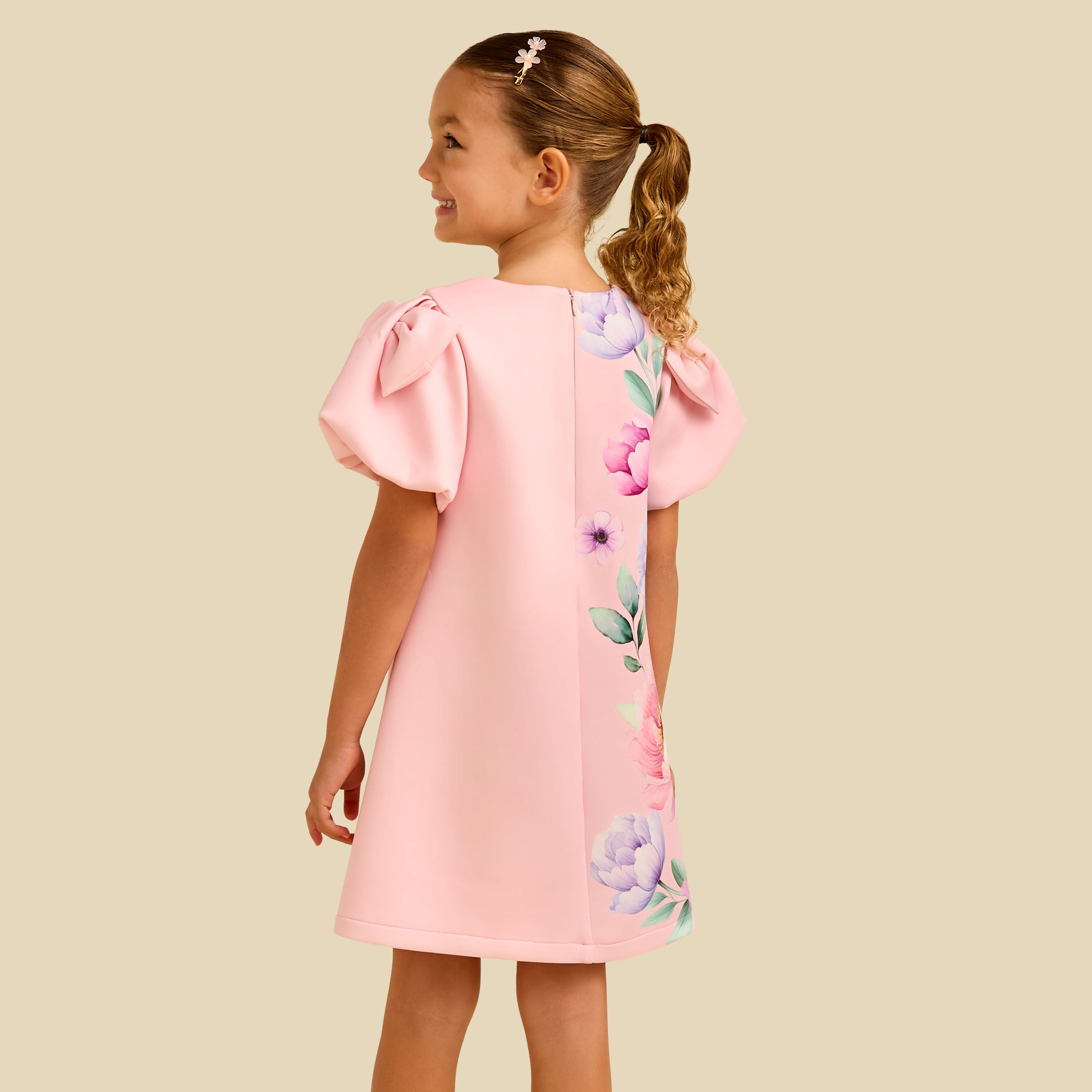 Juniors Round Neck Short Sleeve Dress with Floral Print