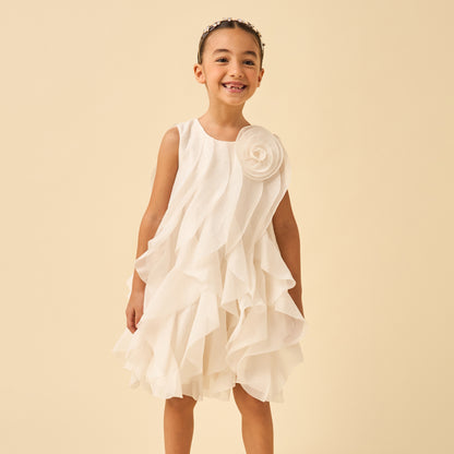 Juniors Round Neck Sleeveless A-line Dress with Ruffle Detail