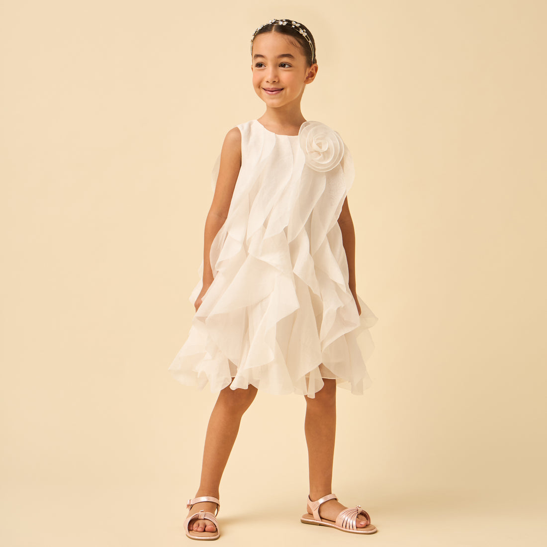 Juniors Round Neck Sleeveless A-line Dress with Ruffle Detail