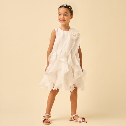 Juniors Round Neck Sleeveless A-line Dress with Ruffle Detail
