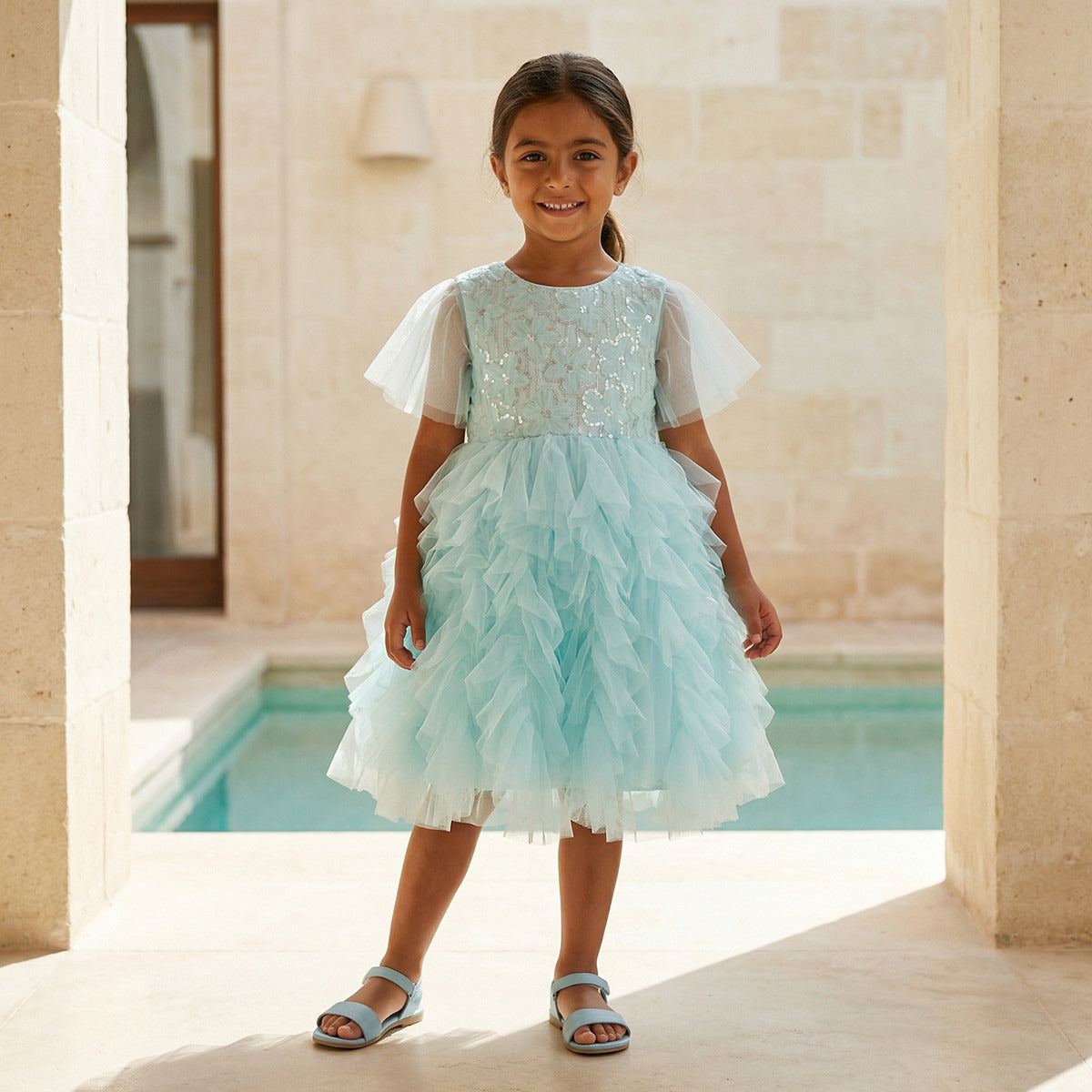 Juniors Round Neck Short Sleeves Knee Length Prom Dress with Ruffles and Sequins - Green / 1-2 yrs
