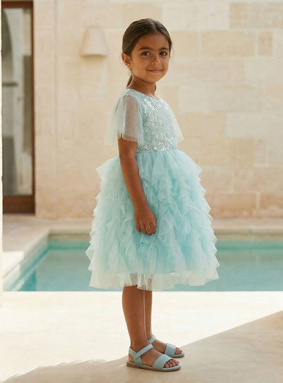 Juniors Round Neck Short Sleeves Knee Length Prom Dress with Ruffles and Sequins-girls-clothing-dressesandjumpsuits-image-2