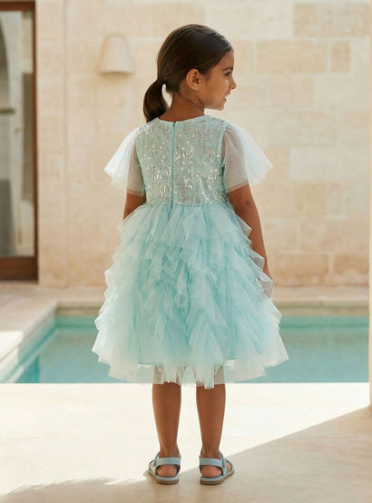 Juniors Round Neck Short Sleeves Knee Length Prom Dress with Ruffles and Sequins-girls-clothing-dressesandjumpsuits-image-3