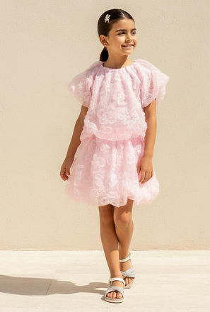 Juniors Crew Neck Short Sleeves Top and Skirt Set with Floral Texture