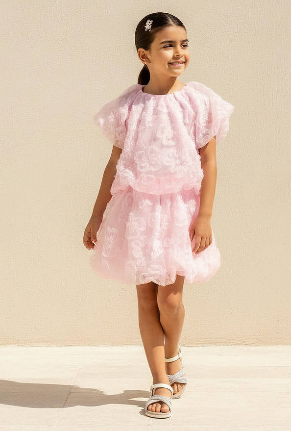 Juniors Crew Neck Short Sleeves Top and Skirt Set with Floral Texture