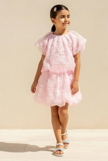 Juniors Crew Neck Short Sleeves Top and Skirt Set with Floral Texture