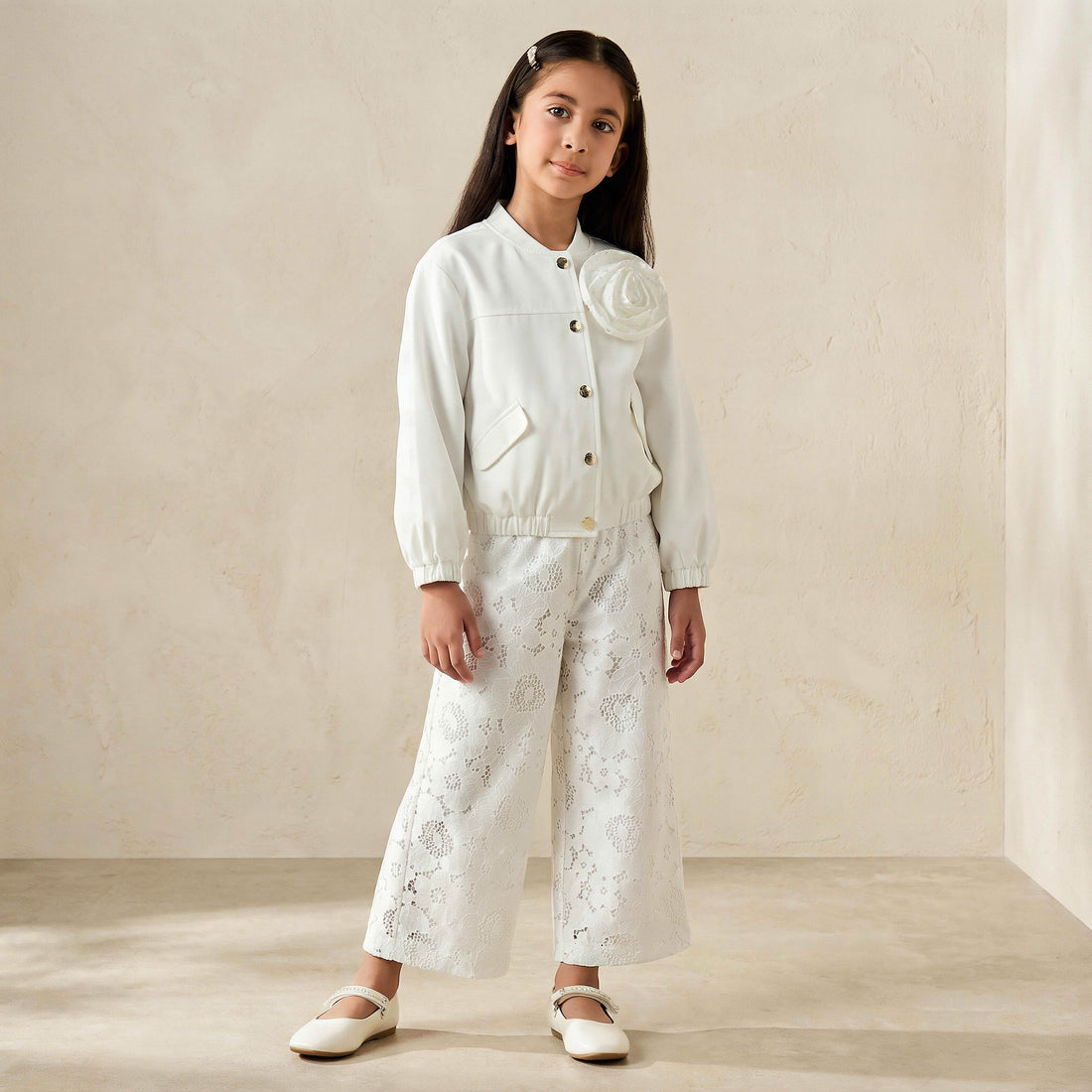 Juniors Round Neck Long Sleeves Jacket and Pants Set with Lace Detail - White / 6-7 yrs