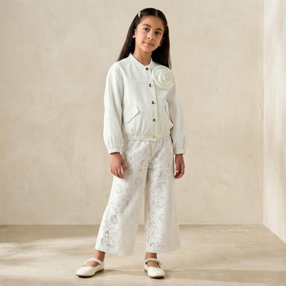 Juniors Round Neck Long Sleeves Jacket and Pants Set with Lace Detail - White / 6-7 yrs