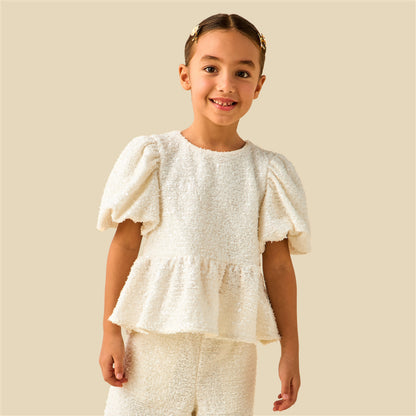 Juniors Crew Neck Short Puff Sleeves Peplum Top and Pants Set with Sequin Detail