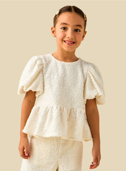 Juniors Crew Neck Short Puff Sleeves Peplum Top and Pants Set with Sequin Detail-baby-girls-clothing-setsandcoords-image-3