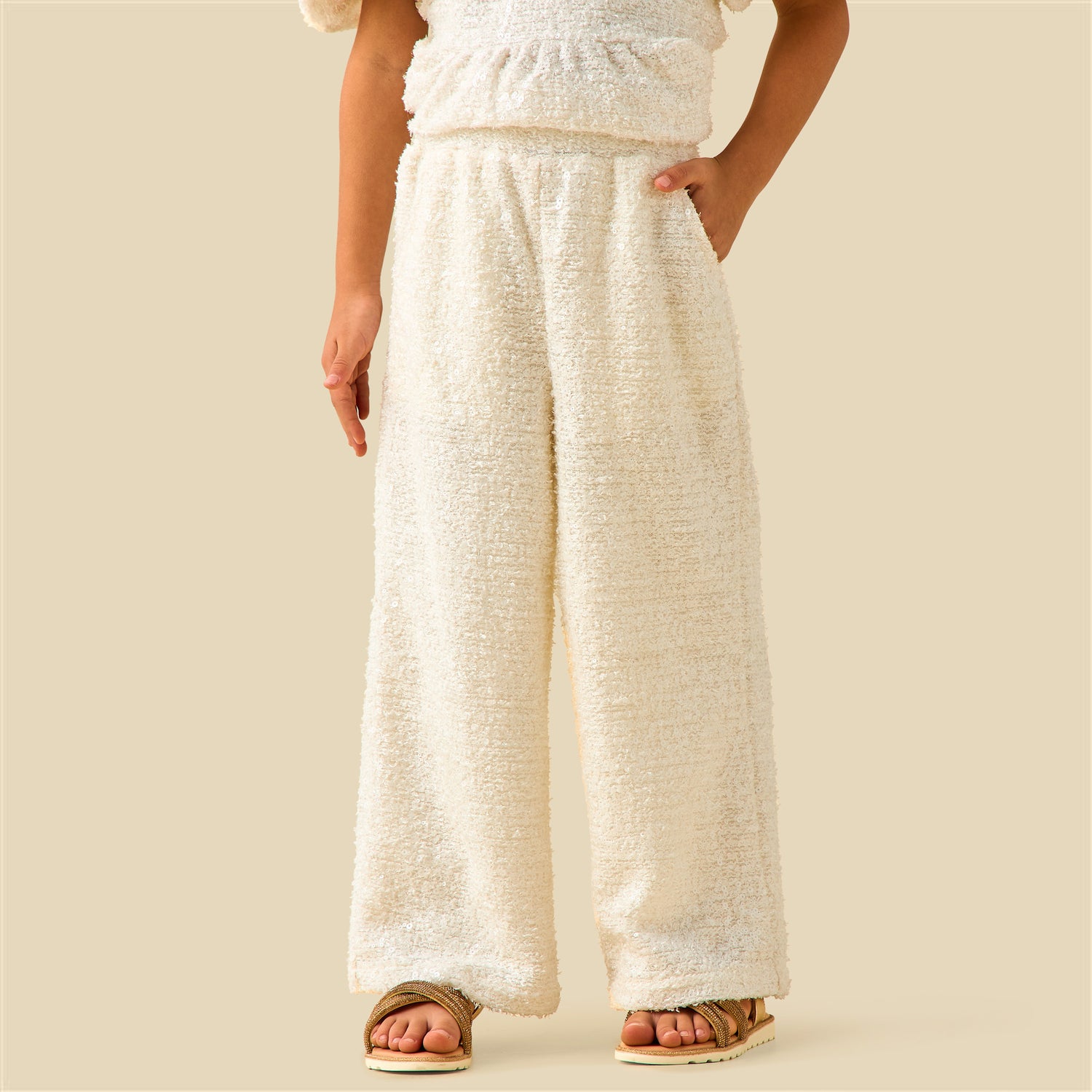 Juniors Crew Neck Short Puff Sleeves Peplum Top and Pants Set with Sequin Detail