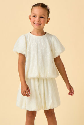 Juniors Crew Neck Short Sleeves Top and Skirt Set with Sequin Detail