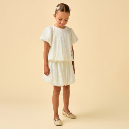 Juniors Crew Neck Short Sleeves Top and Skirt Set with Sequin Detail