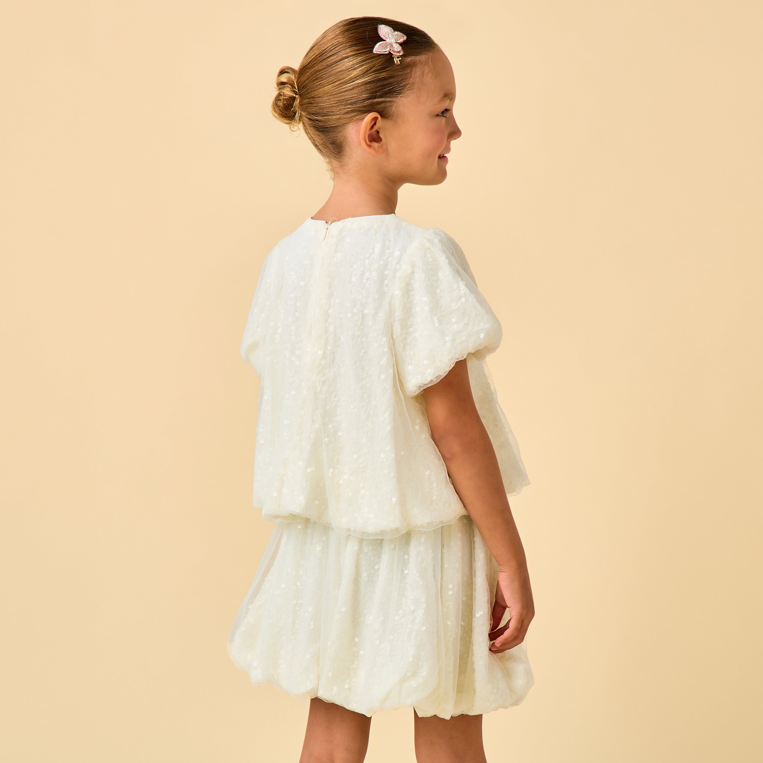 Juniors Crew Neck Short Sleeves Top and Skirt Set with Sequin Detail
