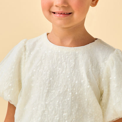 Juniors Crew Neck Short Sleeves Top and Skirt Set with Sequin Detail