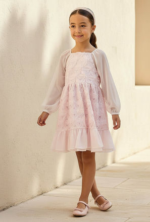 Eligo Square Neck Long Sleeves Dress with Floral Texture