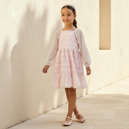 Eligo Square Neck Long Sleeves Dress with Floral Texture - Pink / 1-2 yrs