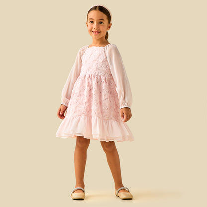 Eligo Square Neck Long Sleeves Dress with Floral Texture