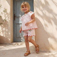 Square Neck Short Sleeves Top and Shorts Set with Floral Embroidery-undefined-image-1
