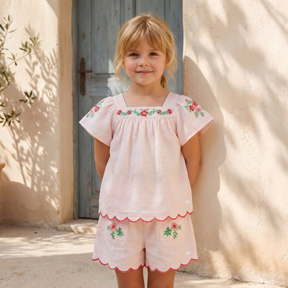 Square Neck Short Sleeves Top and Shorts Set with Floral Embroidery