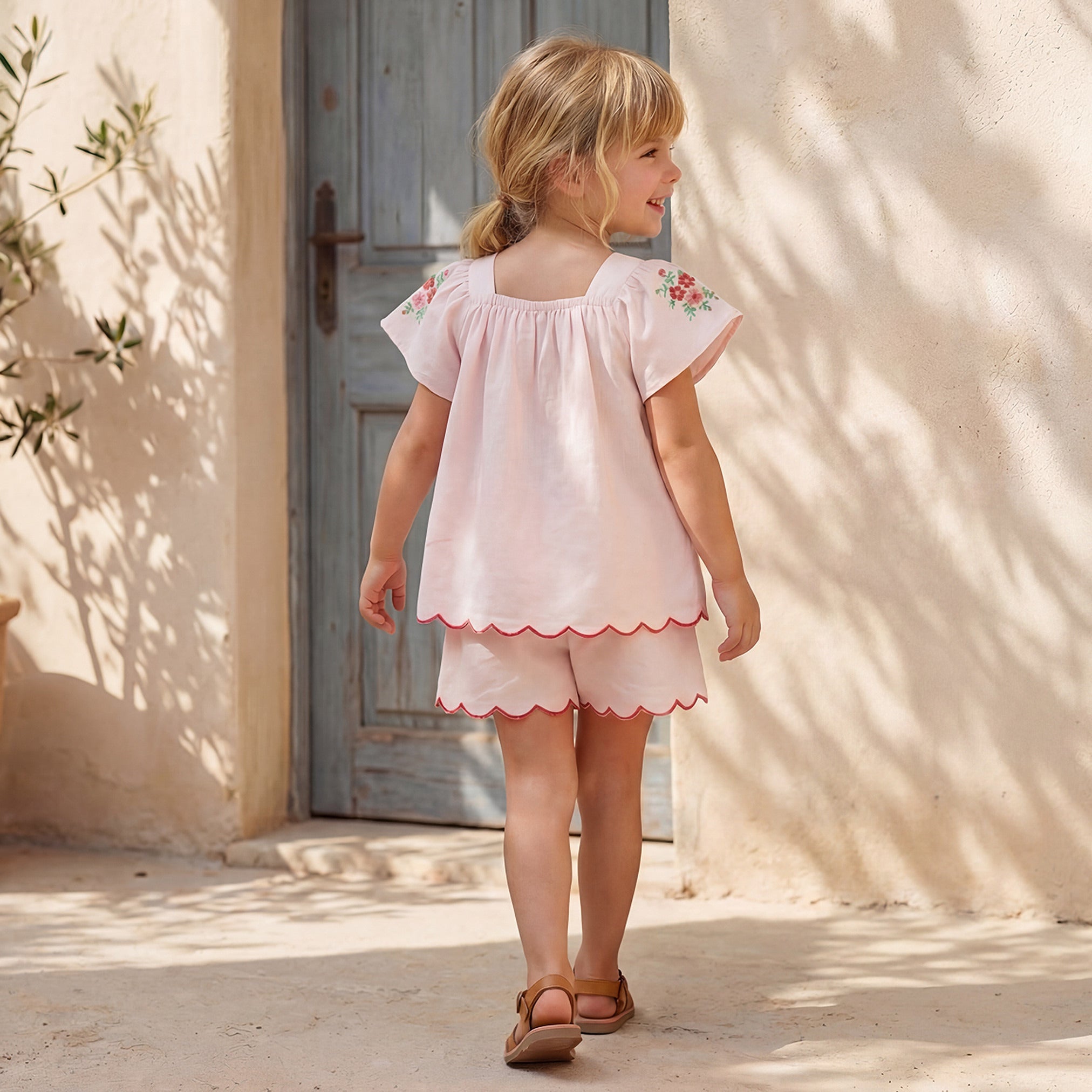 Square Neck Short Sleeves Top and Shorts Set with Floral Embroidery