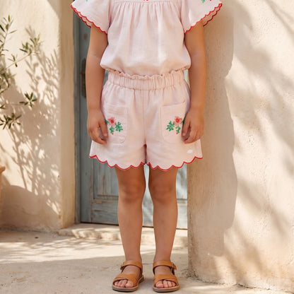 Square Neck Short Sleeves Top and Shorts Set with Floral Embroidery