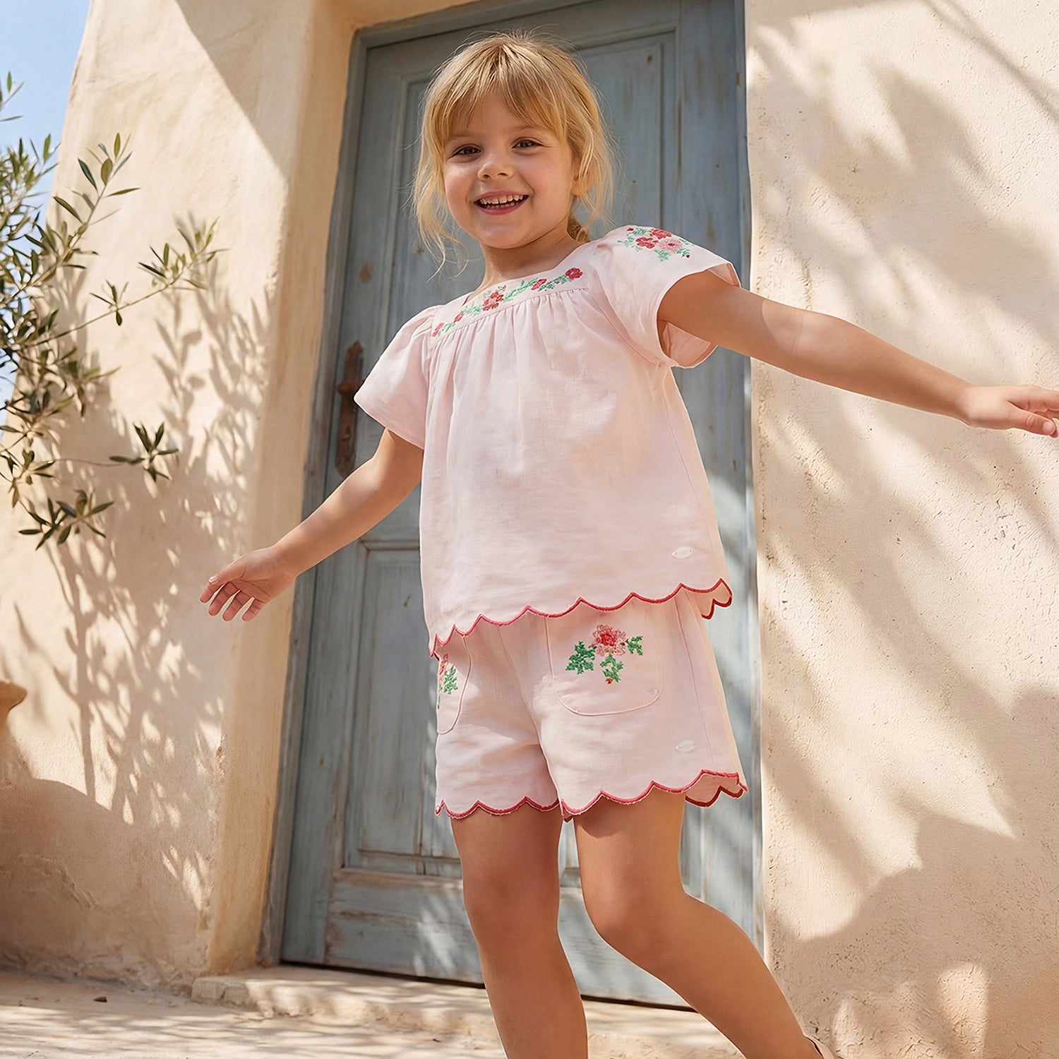 Square Neck Short Sleeves Top and Shorts Set with Floral Embroidery
