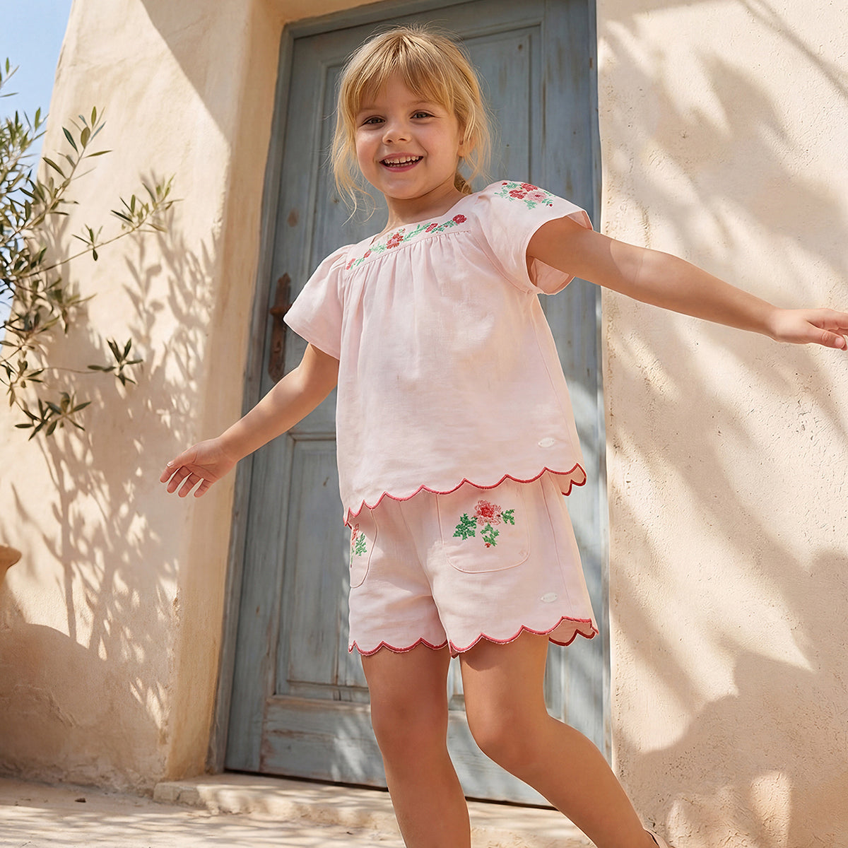Square Neck Short Sleeves Top and Shorts Set with Floral Embroidery