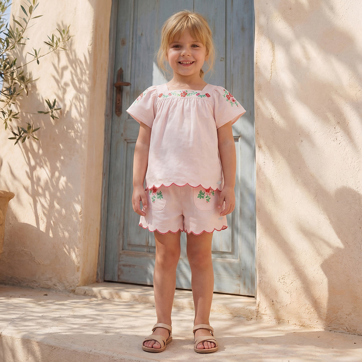 Square Neck Short Sleeves Top and Shorts Set with Floral Embroidery