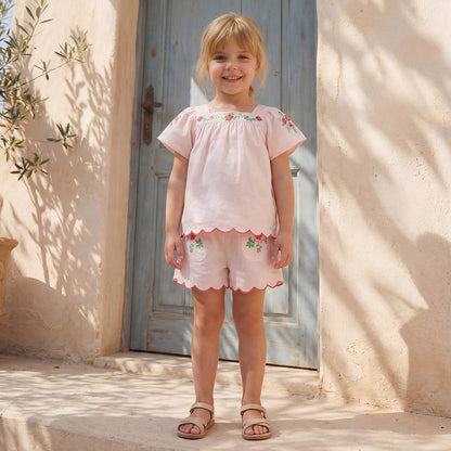 Square Neck Short Sleeves Top and Shorts Set with Floral Embroidery