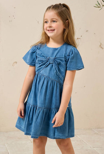 Lee Cooper Round Neck Short Sleeves Tiered Denim Dress with Bow Detail