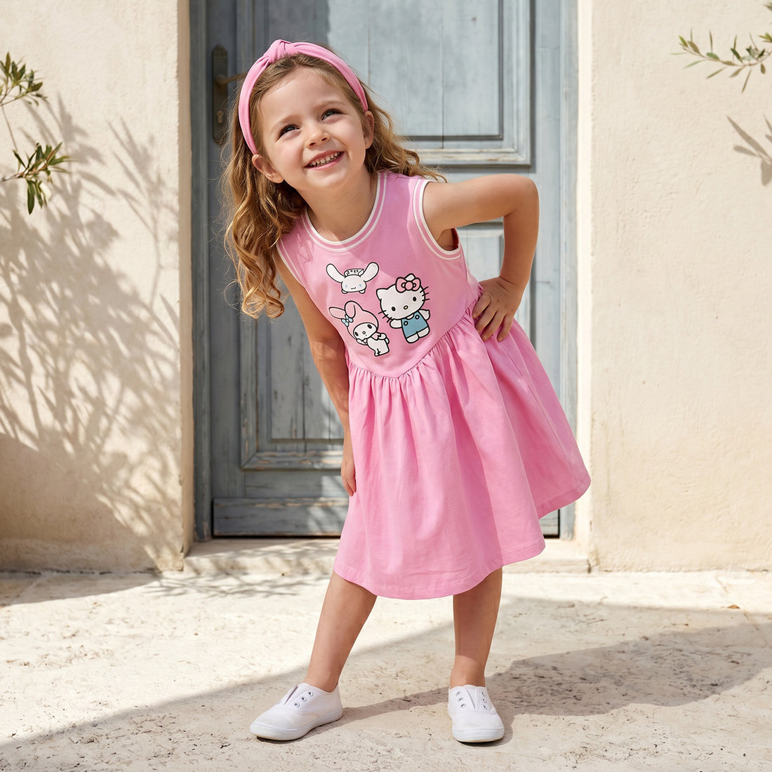 Sanrio Round Neck Sleeveless Knee-Length Dress with Hello Kitty and Friends Print - Pink / 5-6 yrs