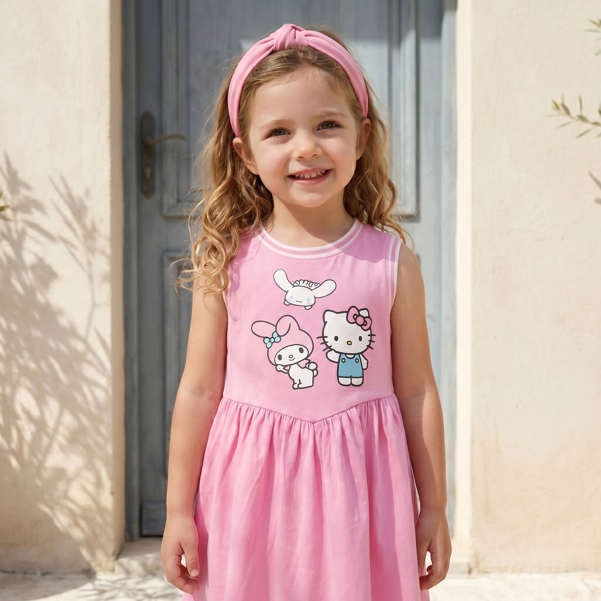 Sanrio Round Neck Sleeveless Knee-Length Dress with Hello Kitty and Friends Print