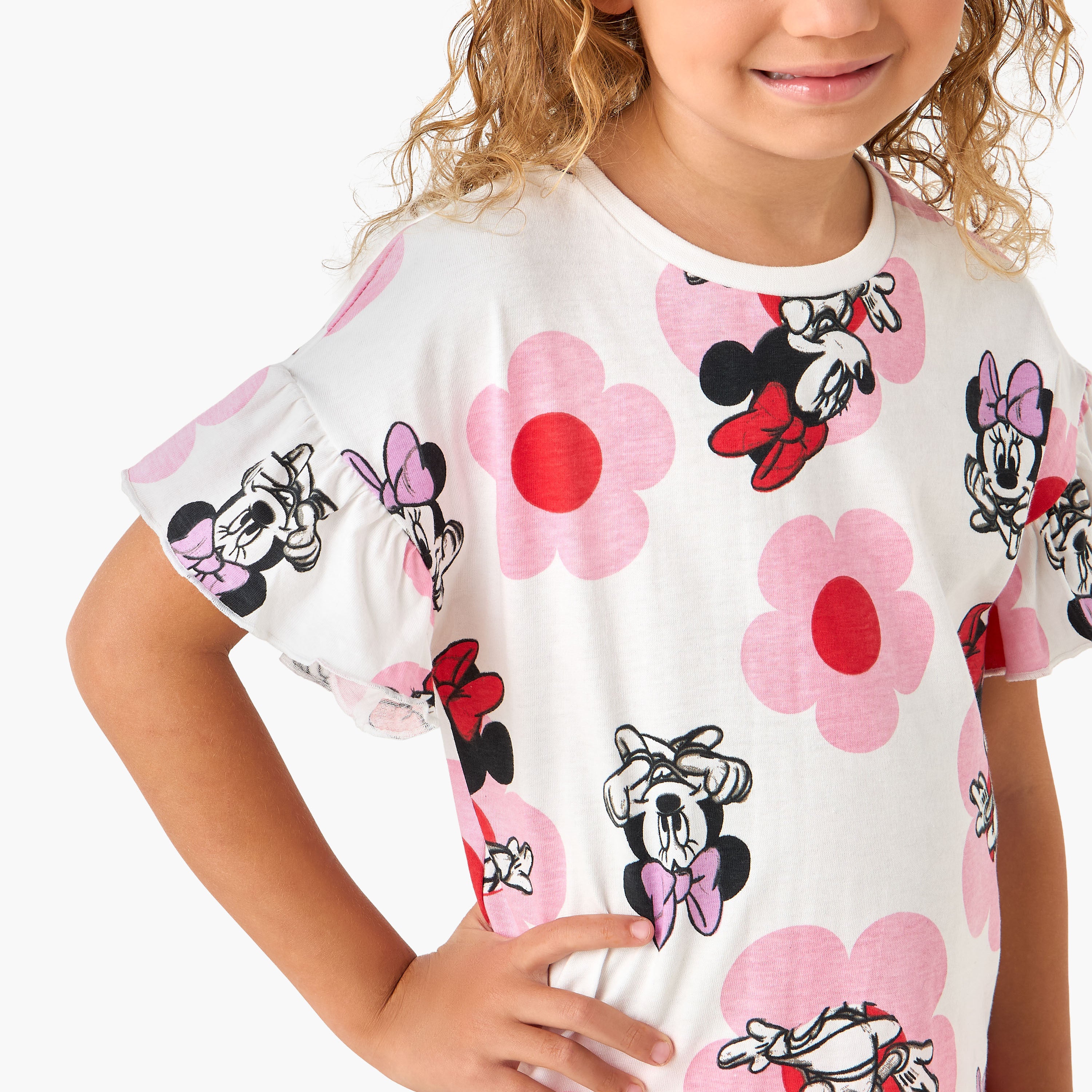 Disney Crew Neck Short Ruffle Sleeves T-shirt with Minnie Mouse Print