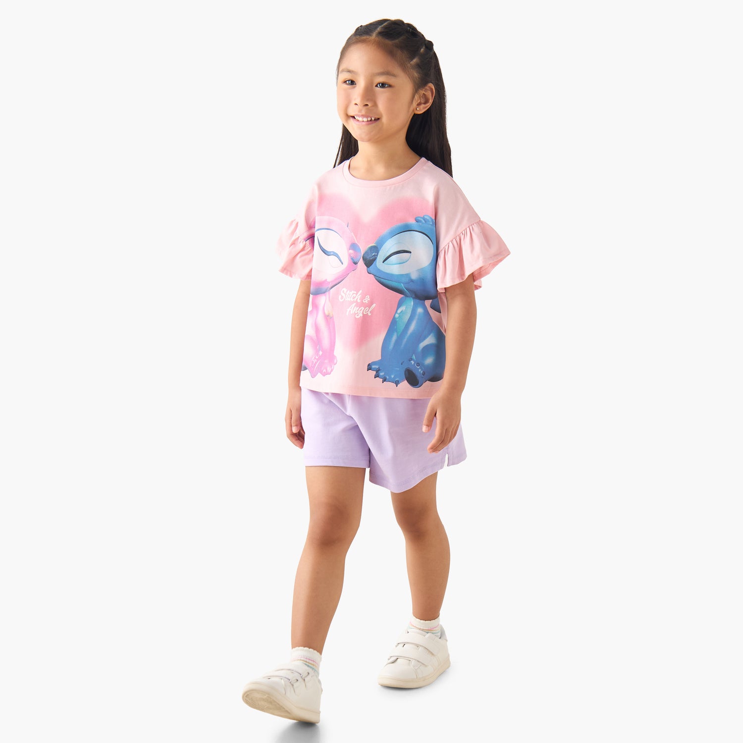 Disney Crew Neck Short Ruffle Sleeves T-shirt with Stitch and Angel Print