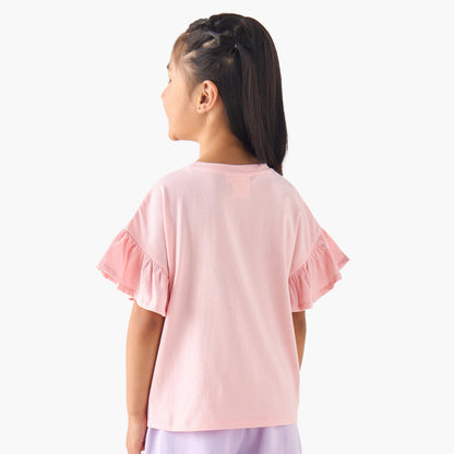 Disney Crew Neck Short Ruffle Sleeves T-shirt with Stitch and Angel Print