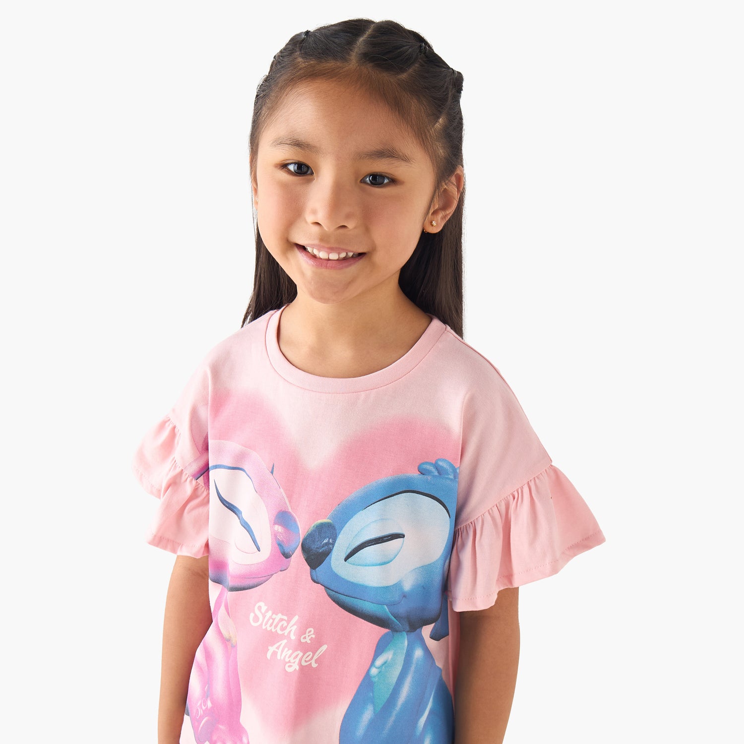 Disney Crew Neck Short Ruffle Sleeves T-shirt with Stitch and Angel Print